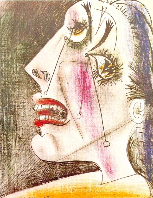 抽象的な表現で描かれた人物の顔。特徴的な目と大きな口が印象的で、感情が強調されています。
