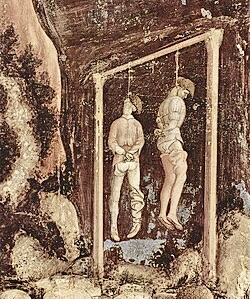 2人の人物が吊るされている絵画の一部