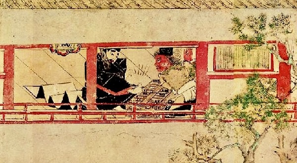 古い日本の絵画で、2人の人物が伝統的な建物の中で対話している様子を描いている。