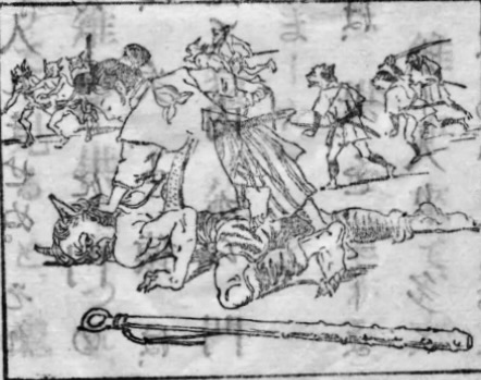 戦士が敵を倒すシーンを描いた古い日本の浮世絵風のイラスト。背景には戦闘中の兵士たちが描かれている。