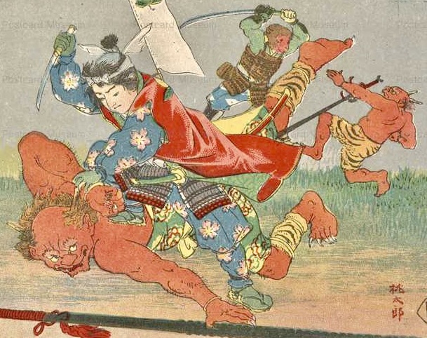 武士が鬼を倒す戦いのシーン。鮮やかな色彩で描かれた伝統的な日本の浮世絵スタイル。