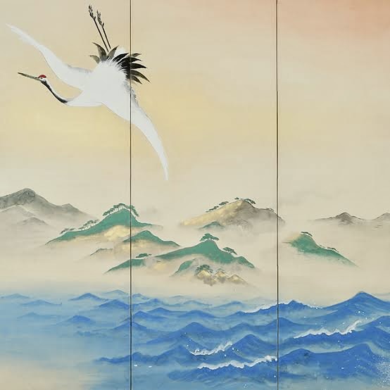 白鶴が空を飛ぶ、山と波のある風景の絵