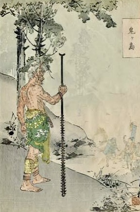 鬼の島で杖を持った半裸の男性のイラスト。背中には模様があり、森の背景が描かれている。