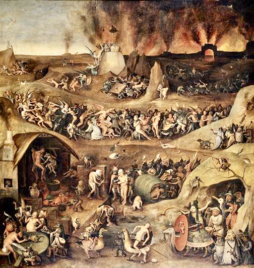 地獄の情景を描いた絵画で、様々な苦しむ人々や悪魔、混乱した場面が描かれている。