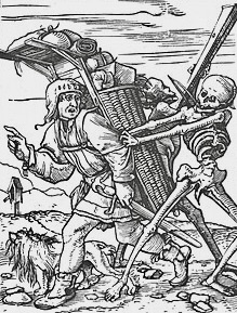 人と骸骨が共同で荷物を運ぶ中世の版画。
