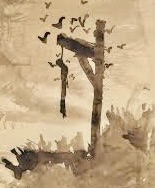 ひな壇の上に吊るされた人形と周囲の鳥たちのシルエットの水彩画