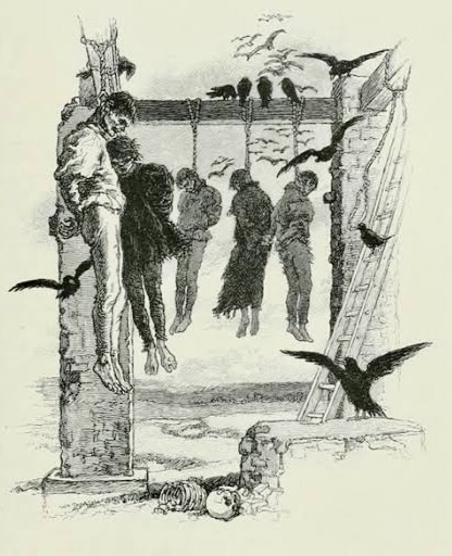 絞首刑された人々とカラスを描いた古いイラスト