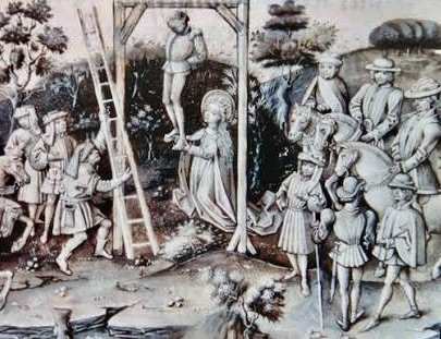 中世の絵画で、処刑のシーンを描いている。木の足場に吊るされている人物と、その周りに集まる観衆が描かれている。