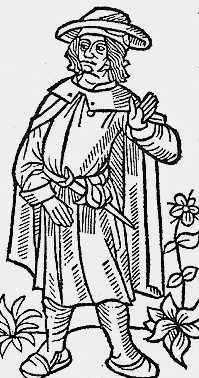 立っている男性の木版画、帽子をかぶり、マントを着用しており、手に何かを持っている。周囲には植物が描かれている。
