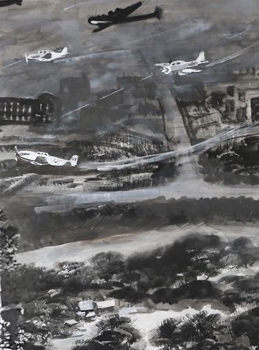 戦闘機が飛行する黒と白の風景画