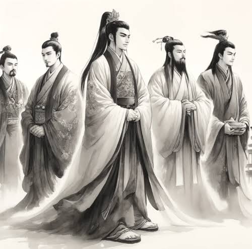 伝統的な衣装を着た五人の男性が立っている白黒のイラスト。