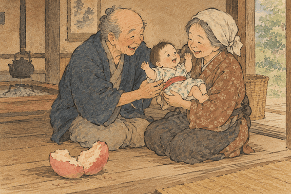 幸せそうなおじいさんとおばあさんが赤ちゃんを抱えて笑っているシーン。床には食べかけの果物が置かれている。