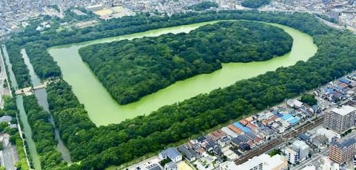 大きな緑の島が湖に囲まれている空撮写真