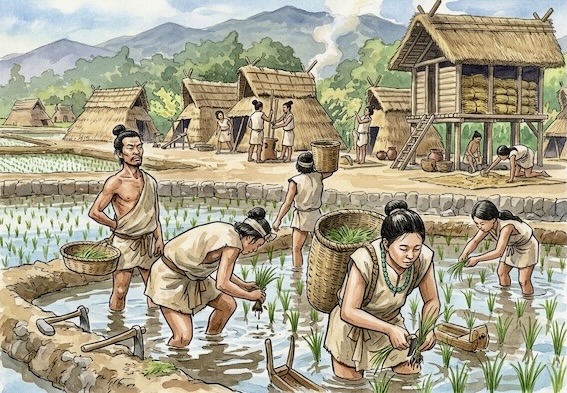 稲を植えている農民たちの風景。田んぼで作業する男女と、茅葺き屋根の家々が見える。