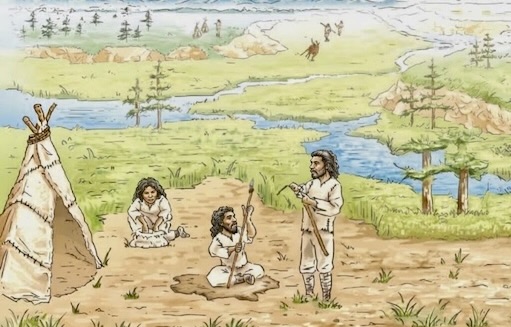 草原の近くで生活する人々のイラスト。テントの近くで楽器を演奏する男性、座っている女性、地面に座っている子供が描かれている。背景には川と森が広がり、遠くには他の人々がいる様子が見える。
