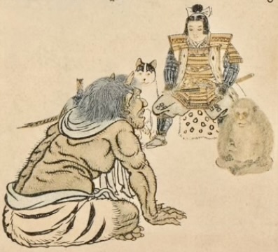 武士の衣装を着た人物と、前に座る獣のようなクリーチャー、猫と猿が描かれた古い日本の浮世絵
