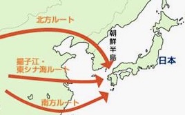 日本と周辺の海流を示す地図。北ガルート、南ガルート、濃子江・東シナ海ルートが赤い矢印で描かれている。